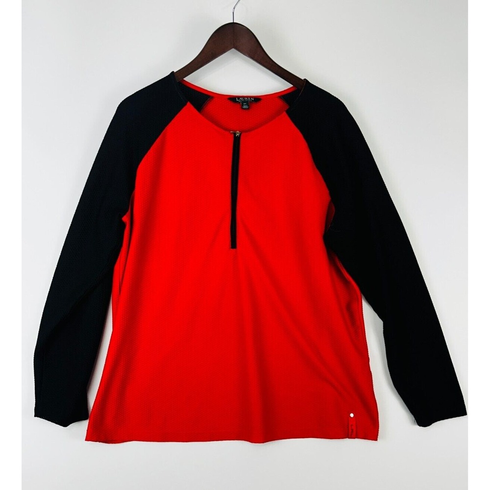 Lauren Ralph Lauren Womens Mesh Top 2X Waffle Knit Active Red Black Raglan‎